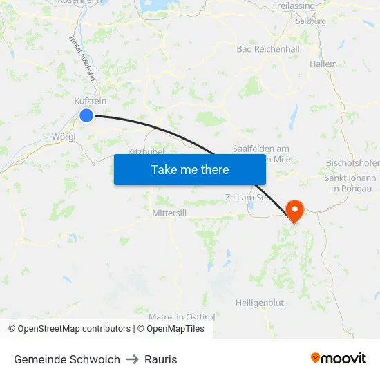 Gemeinde Schwoich to Rauris map