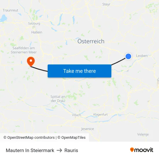 Mautern In Steiermark to Rauris map