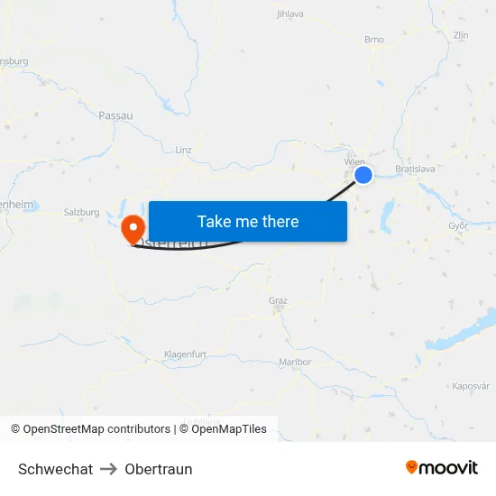 Schwechat to Obertraun map
