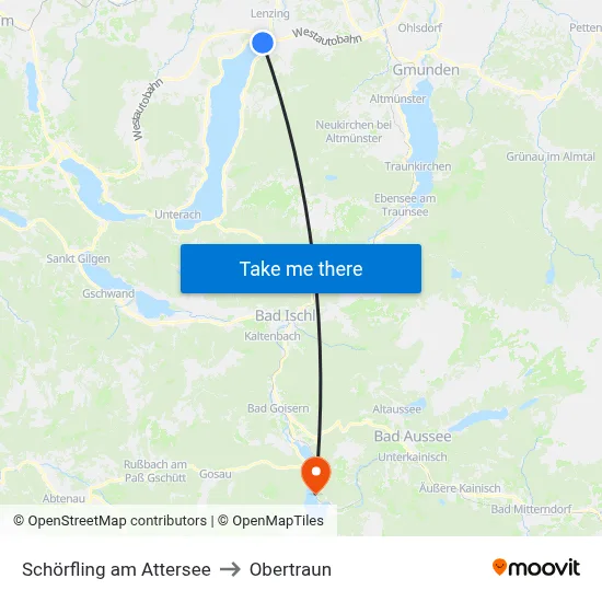 Schörfling am Attersee to Obertraun map