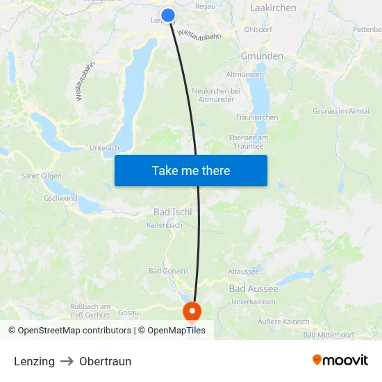 Lenzing to Obertraun map
