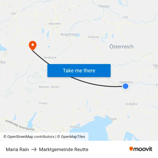 Maria Rain to Marktgemeinde Reutte map