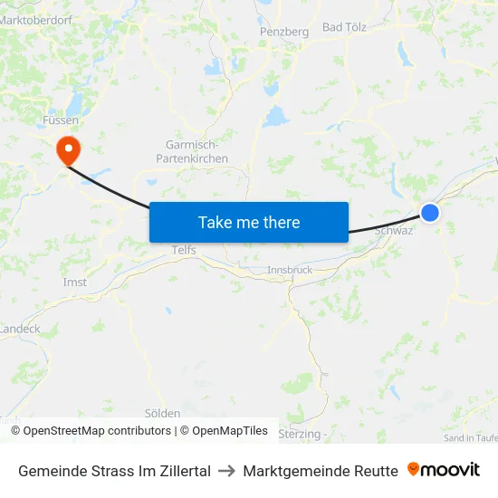 Gemeinde Strass Im Zillertal to Marktgemeinde Reutte map