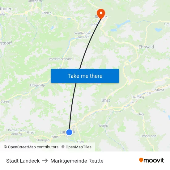 Stadt Landeck to Marktgemeinde Reutte map