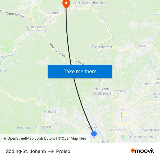 Söding-St. Johann to Proleb map