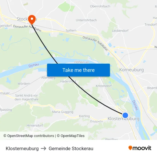 Klosterneuburg to Gemeinde Stockerau map