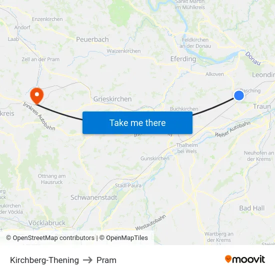 Kirchberg-Thening to Pram map