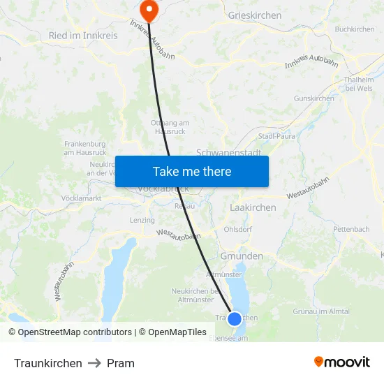 Traunkirchen to Pram map