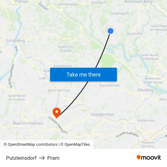 Putzleinsdorf to Pram map