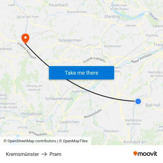 Kremsmünster to Pram map