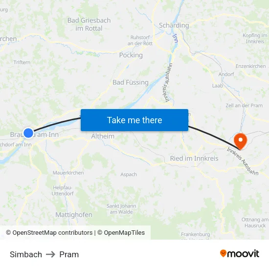 Simbach to Pram map