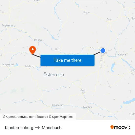 Klosterneuburg to Moosbach map