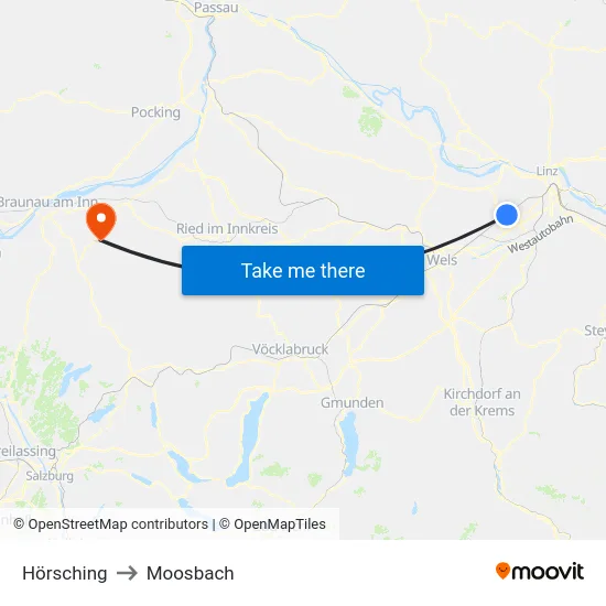 Hörsching to Moosbach map