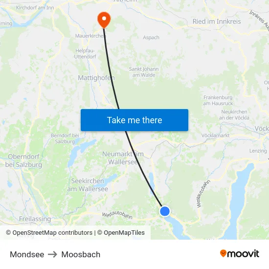 Mondsee to Moosbach map