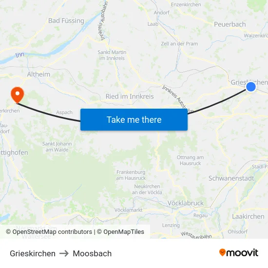 Grieskirchen to Moosbach map