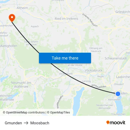Gmunden to Moosbach map