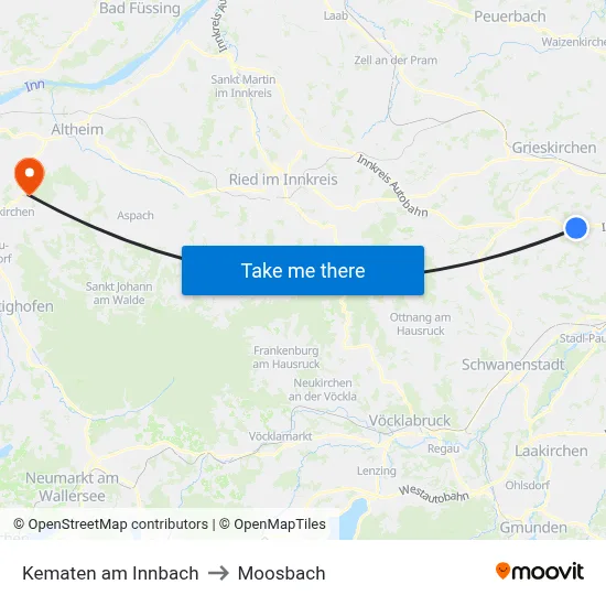 Kematen am Innbach to Moosbach map