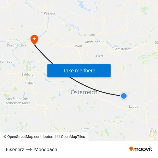 Eisenerz to Moosbach map