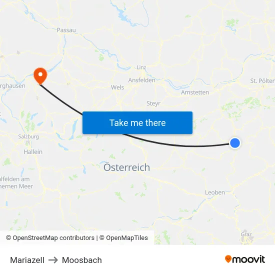 Mariazell to Moosbach map