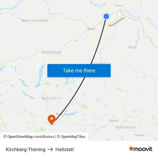 Kirchberg-Thening to Hallstatt map