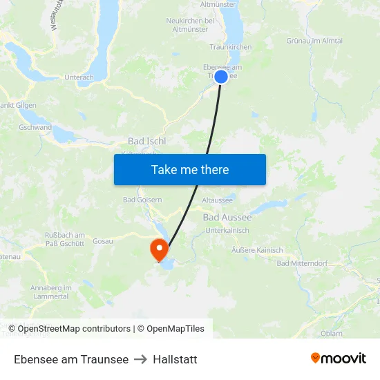 Ebensee am Traunsee to Hallstatt map