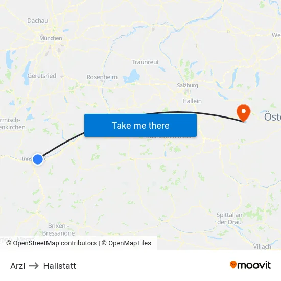 Arzl to Hallstatt map