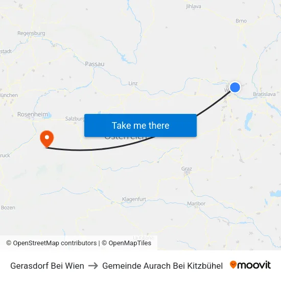 Gerasdorf Bei Wien to Gemeinde Aurach Bei Kitzbühel map