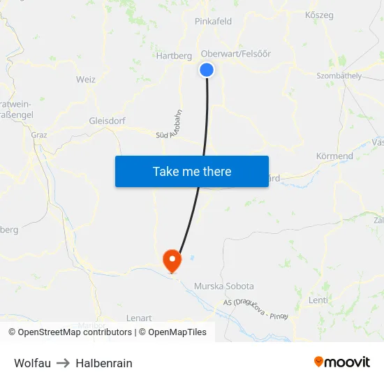 Wolfau to Halbenrain map