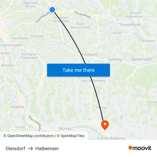 Gleisdorf to Halbenrain map