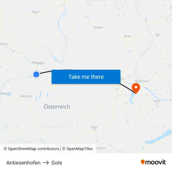Antiesenhofen to Gols map