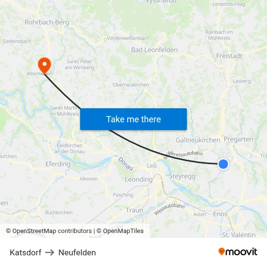 Katsdorf to Neufelden map