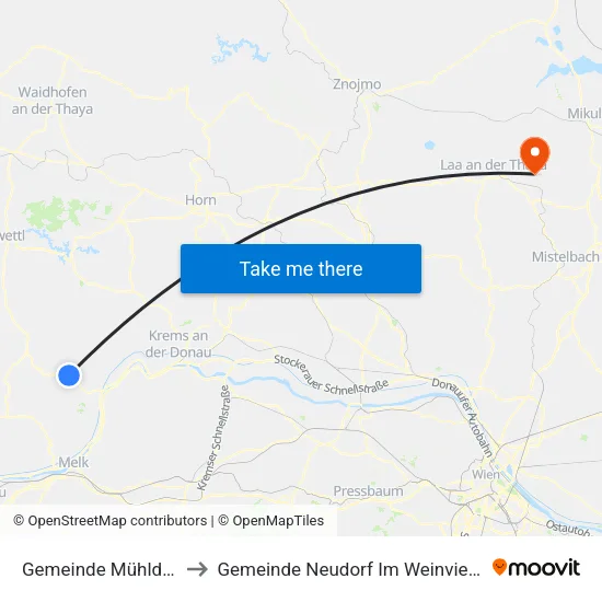 Gemeinde Mühldorf to Gemeinde Neudorf Im Weinviertel map
