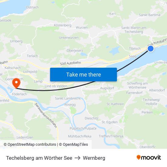 Techelsberg am Wörther See to Wernberg map