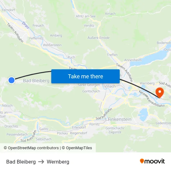 Bad Bleiberg to Wernberg map