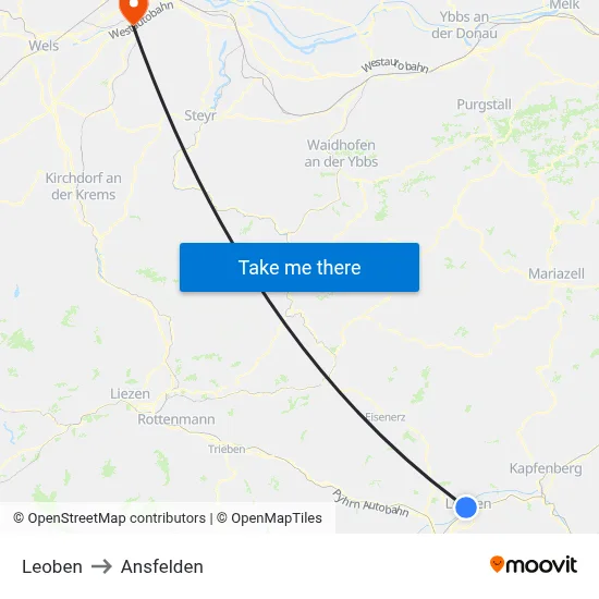 Leoben to Ansfelden map