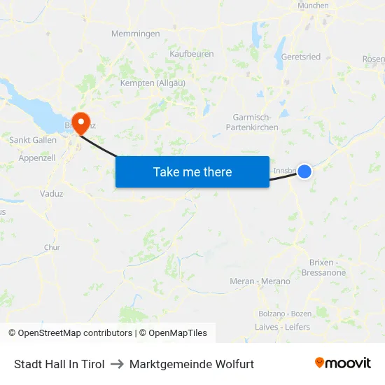 Stadt Hall In Tirol to Marktgemeinde Wolfurt map
