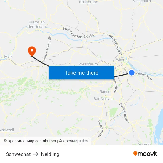 Schwechat to Neidling map