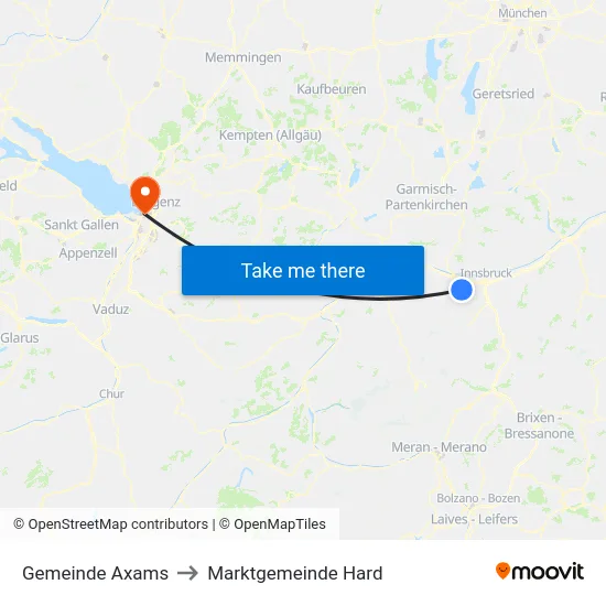 Gemeinde Axams to Marktgemeinde Hard map