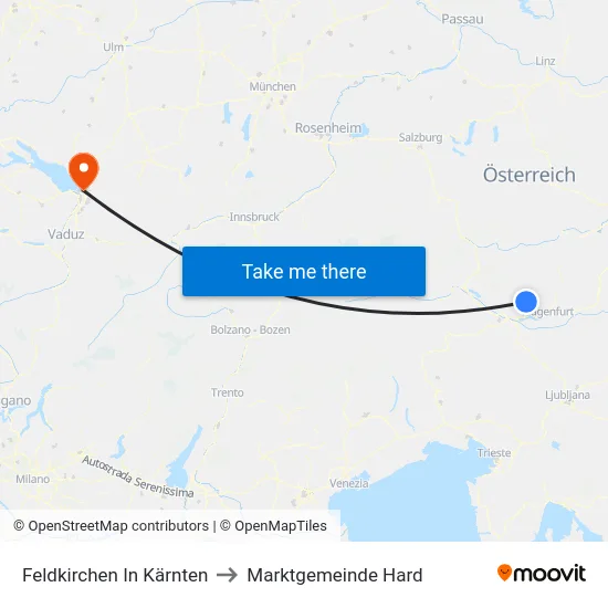 Feldkirchen In Kärnten to Marktgemeinde Hard map