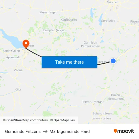 Gemeinde Fritzens to Marktgemeinde Hard map