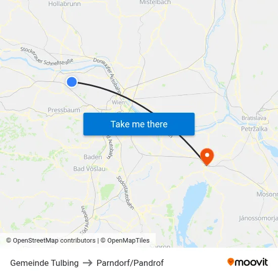 Gemeinde Tulbing to Parndorf/Pandrof map