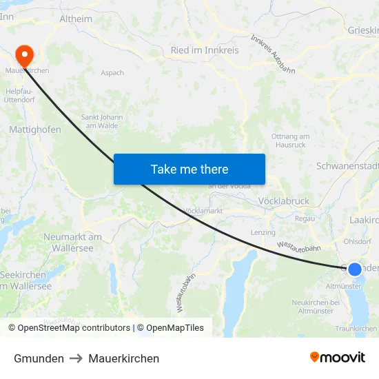 Gmunden to Mauerkirchen map