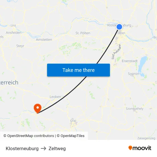 Klosterneuburg to Zeltweg map