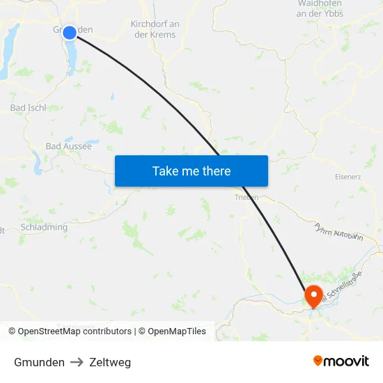 Gmunden to Zeltweg map