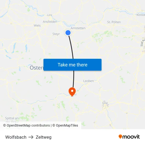 Wolfsbach to Zeltweg map