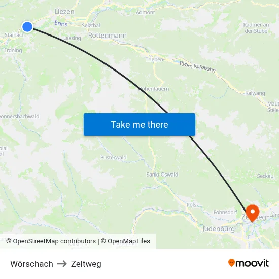 Wörschach to Zeltweg map