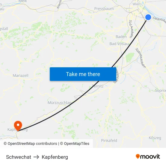 Schwechat to Kapfenberg map