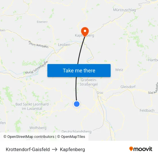 Krottendorf-Gaisfeld to Kapfenberg map
