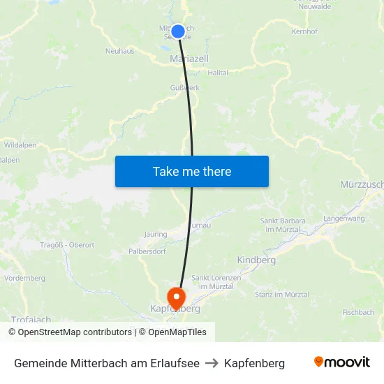 Gemeinde Mitterbach am Erlaufsee to Kapfenberg map