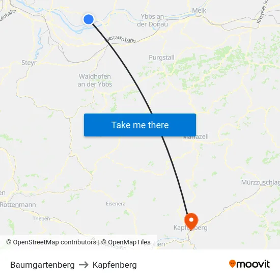 Baumgartenberg to Kapfenberg map